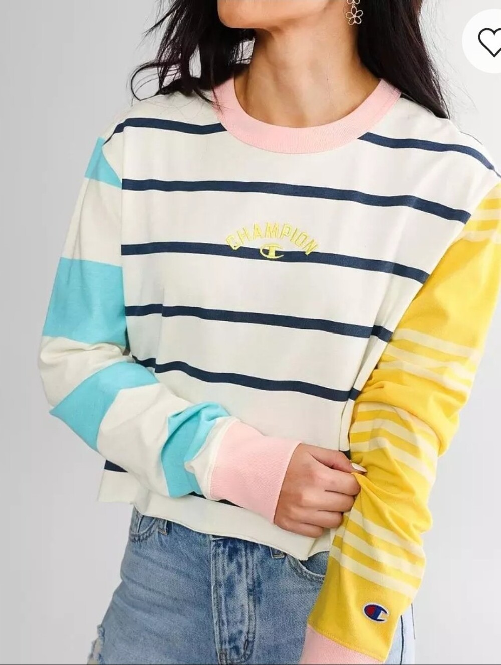 Champion Striped Colorblock Crewneck - pastel pink, aqua, yellow Sz 1X